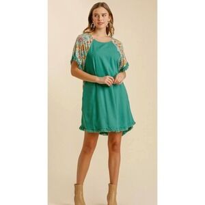 Umgee Tunic Short Sleeve Womens Small Jade Floral Back Hi Lo‎ Pockets Boho